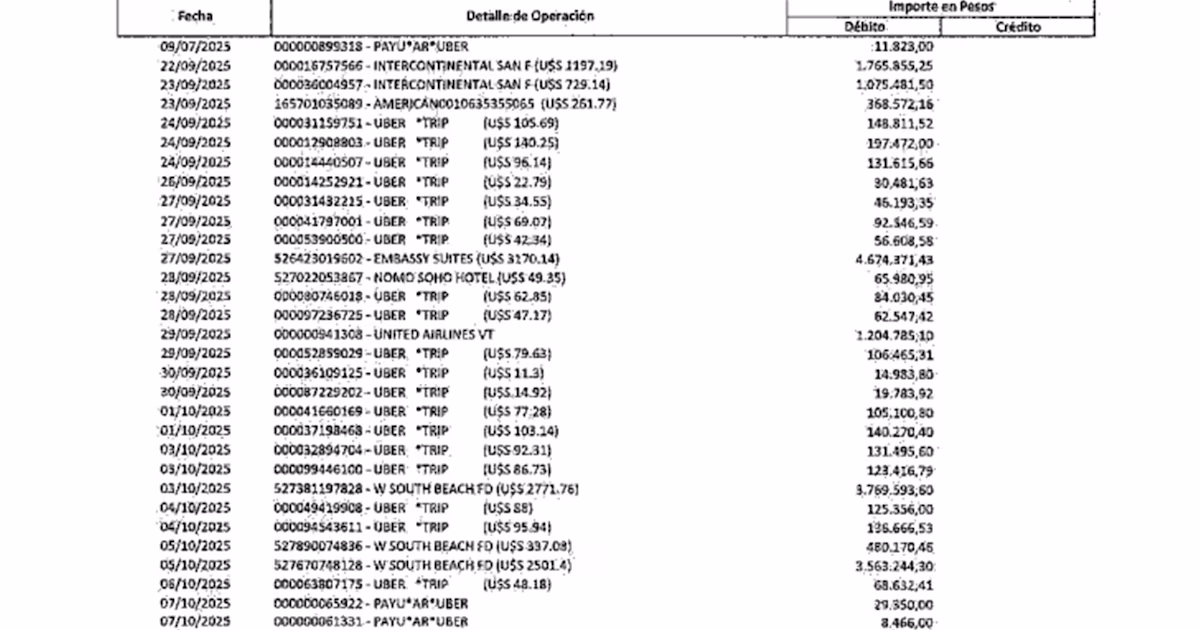 Los onerosos gastos de una tarjeta corporativa de una empresa pública: hoteles de lujo, peluquerías, discotecas y free shopsLa información sobre la cuenta correspondiente a Nucleoeléctrica (NASA) fue proporcionada por el jefe de Gabinete de la Nación, Manuel Adorni, en su reciente informe de gestión