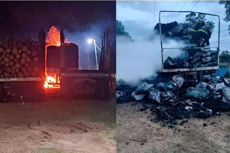 Incendio en Colonia Ayuí: un semirremolque con carbón se prendió fuego y afectó a otro acoplado